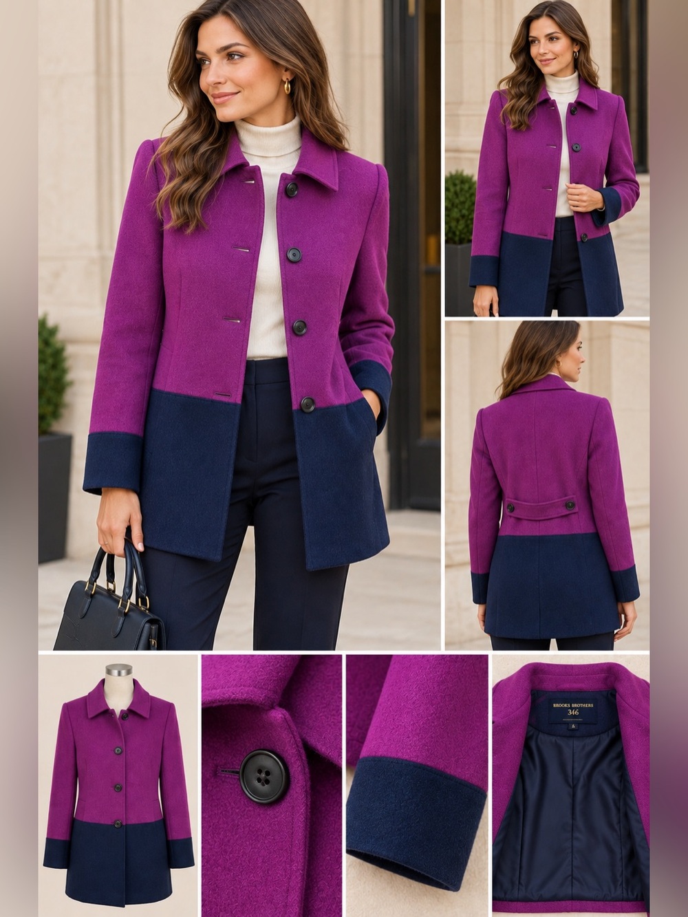 Brooks Brothers 346 Wool Blend Colorblock Coat Purple Navy Size 6